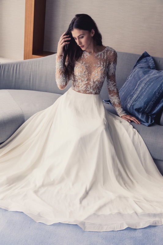 wedding dress: Simple plain skirts with embellished bodices are one of the big looks for this season