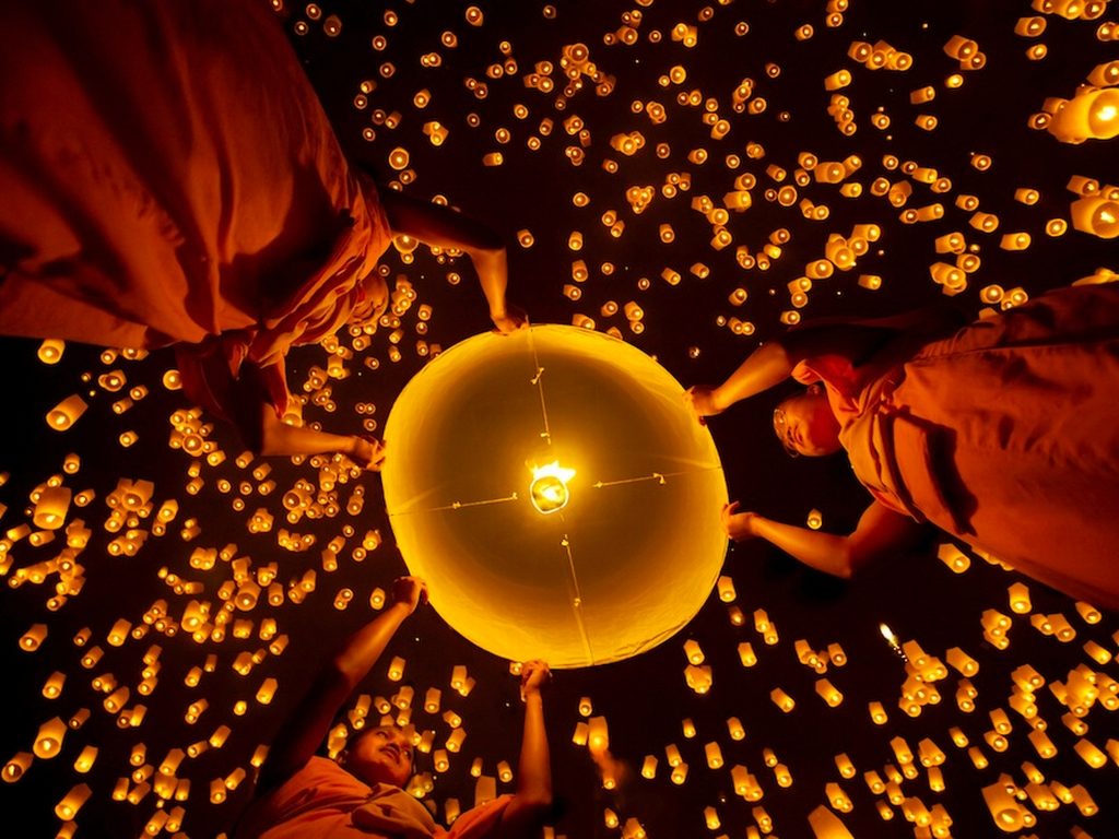 Lanterns being sent to the sky at Yi Peng Festival, Chiang Mai