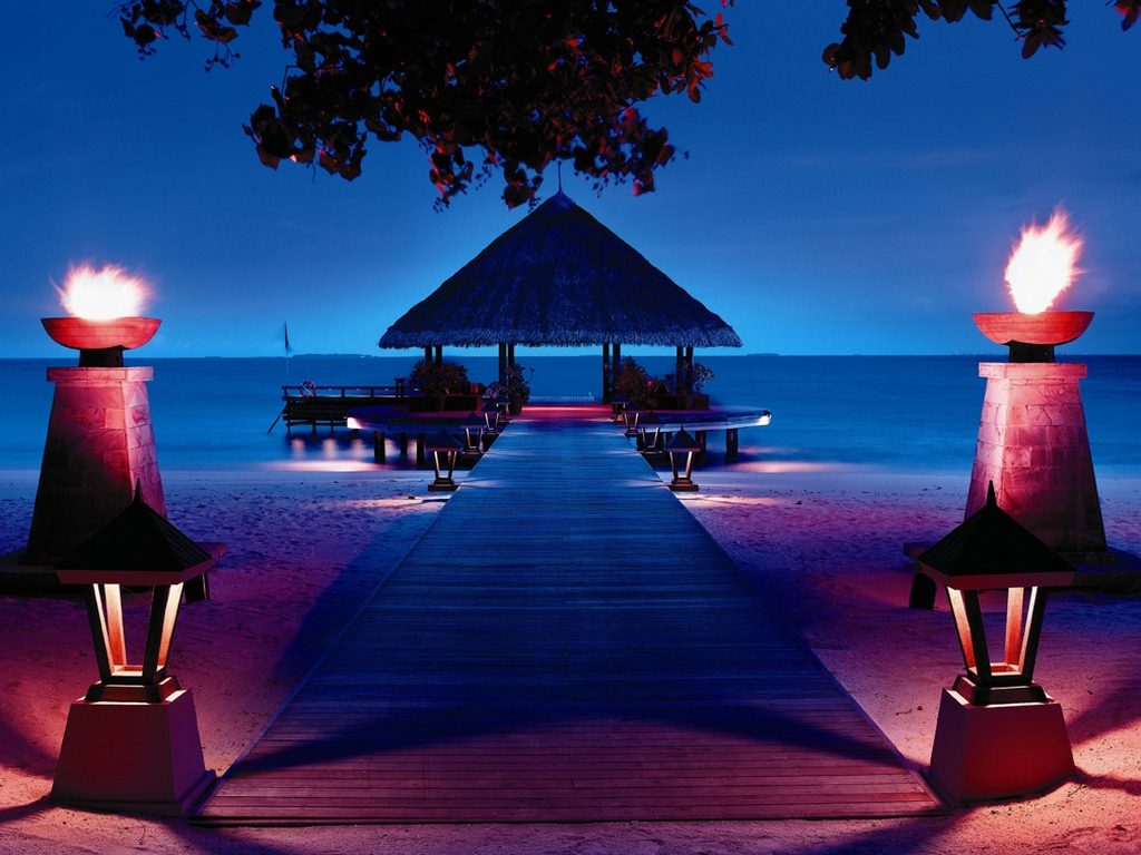 Exterior view jetty night view, Angsana Ihuru and Banyan Tree Vabbinfaru, Maldives, Banyan Tree hotel group