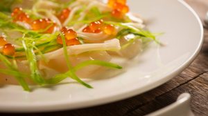 image of Hokkaido scallop, snowpeas, pickled enoki, salmon roe dish, ho lee fook review