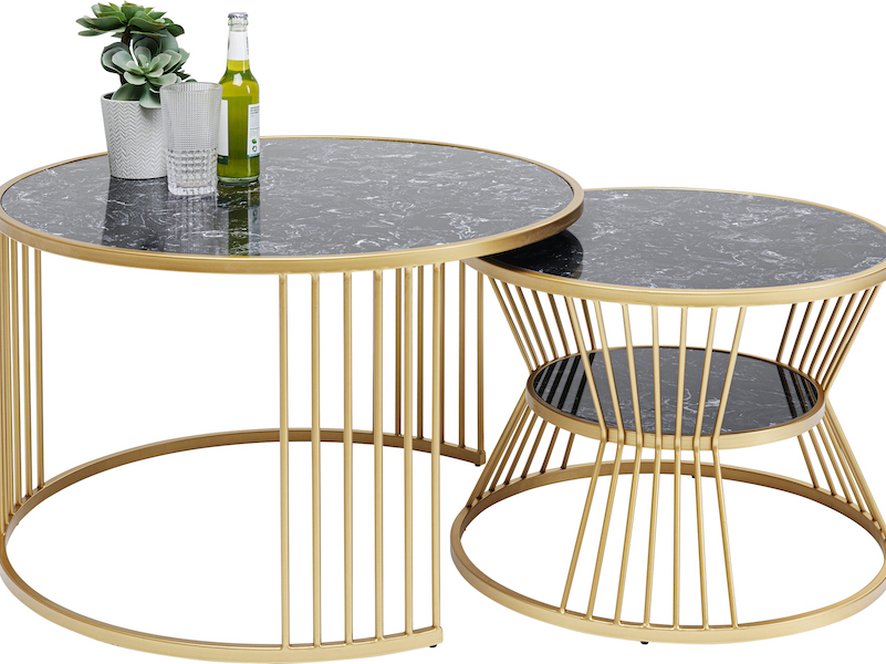 Roma coffee table, set of two with mineral marble top and gold finish lacquered steel legs, Tequila Kola