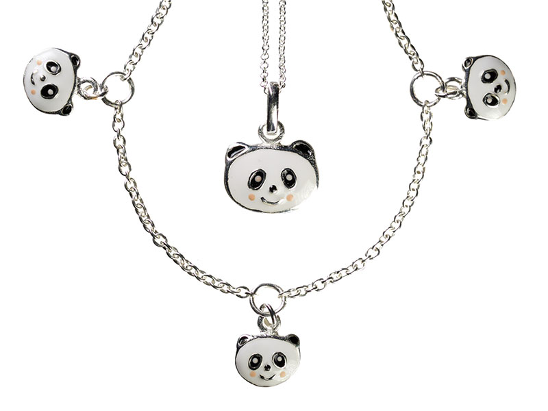 Pretty Panda necklace and charm bracelet in 925 sterling silver and enamel, $398, Odile & Odette
