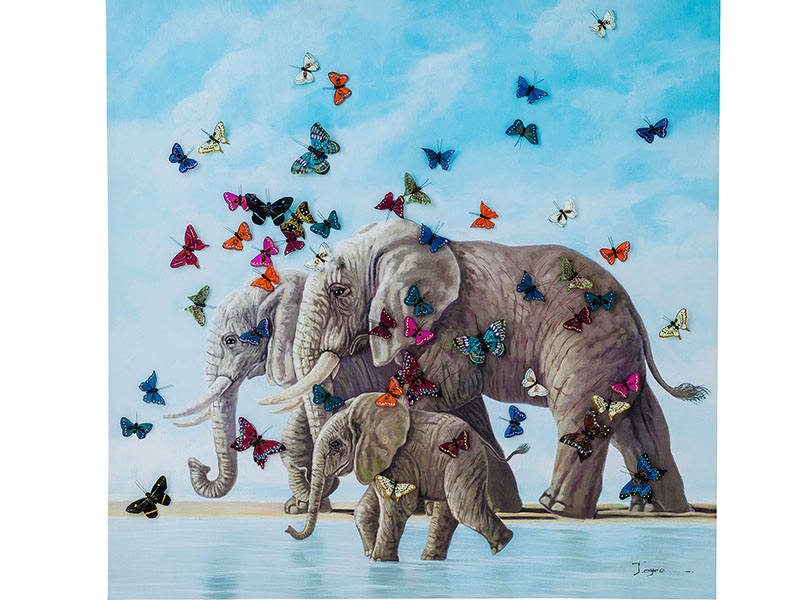 Kids' furniture and decor: Elephants with butterflies, hand-painted on printed canvas, $4,980, Tequila Kola