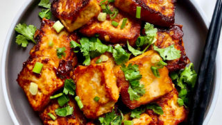 Vegetarian marinated pan fried chilli tofu