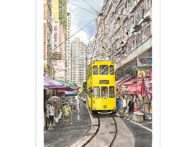Yellow Tram - by Hong Kong artist Richard Crosbie