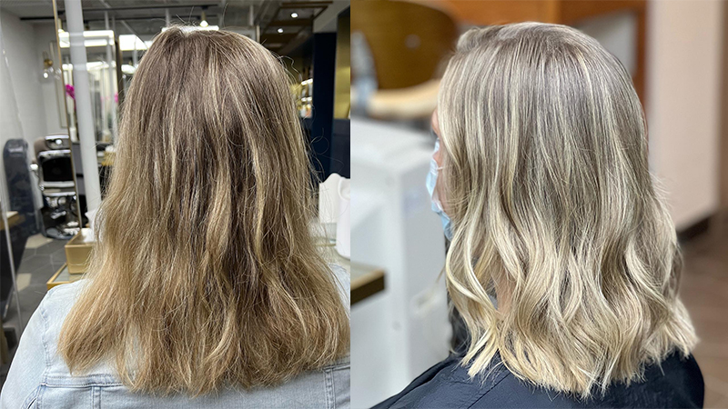 Before and after hair colouring treatment at Glow Spa & Salon in Hong Kong