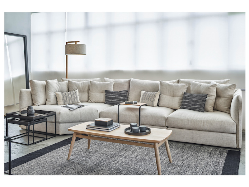 Living rooms - Bloom L-shape sofa with generously filled cushions and different colour and material options available; Twist coffee table in solid European white oak, made in Indonesia, TREE